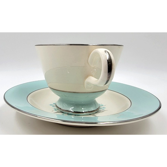 Sevron Powder Blue Lace Tea Coffee Cup Saucer Silver Trim 1950's Set of 2 - Picture 12 of 16